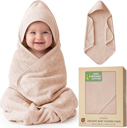 100% Organic Cotton Plush Woven Hooded Baby Bath Towels - Soft and Absorbent 31x31 Inches for Newborns and Kids, Baby Bath & Hooded Towels, Premium Infant Towels (Sand)