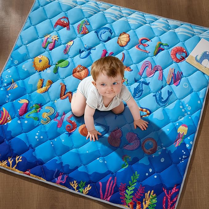 Baby Play Mat for Floor - MORAIS 50x50 Inch with 800g Filling Thickened Crawling Mat for Playpen, Cushioned Playpen Mat with Anti-Slip Bottom and Animal Alphabet (Ocean Adventure)