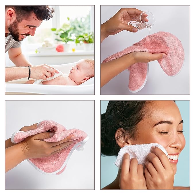 Soft Baby Washcloths Set - Absorbent Natural Baby Wash Cloth for Delicate Skin - 12"x12" Large Baby Bath Washcloths - Newborn Bath Face Towel (Pink)