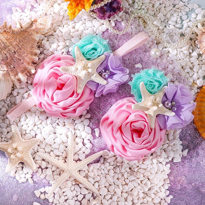 YanJie Baby Girls Mermaid Headband, Glitter Hair Clip, and Starfish Hair Bow Set - Aqua Lavender Newborn Mermaid Party Gift Accessories