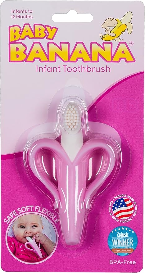 Baby Banana®Pink Teether-Toothbrush, Infant to Toddler, Made in USA, Butter-Soft Bristles for Gums and Teeth, Bendable Food Grade Silicone, Family-Owned Buisness Since 2009, 11 Million+ Sold