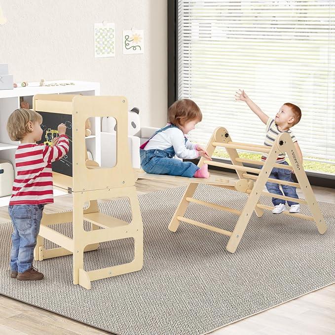 Olakids Pikler Triangle Set 8 in 1 Climbing Toys for Toddlers Foldable Wood Montessori Jungle Gym with Toddler Tower Angle Adjustable Ladder Ramp Slide Indoor Kids Playground Climber