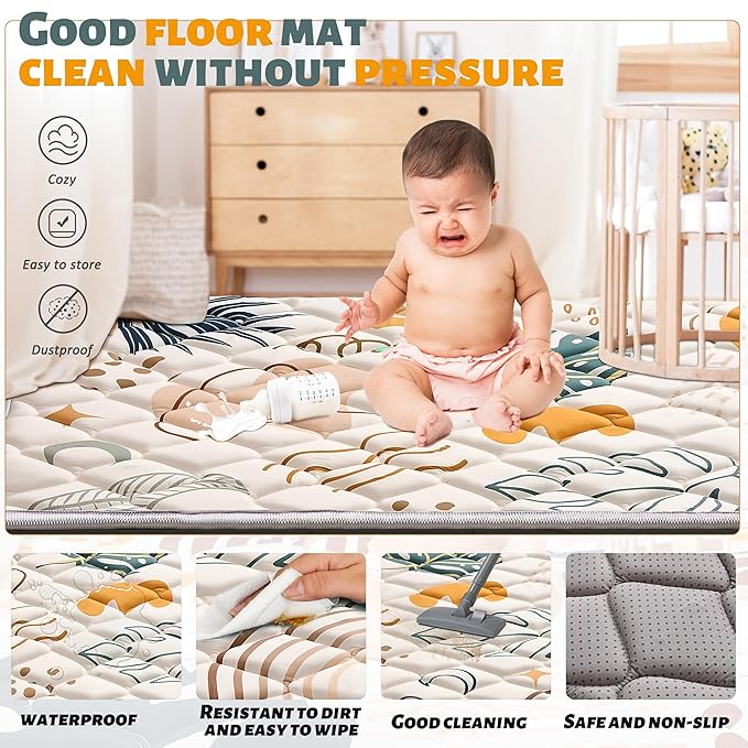 Baby Play Mats for Floor, Playpen Mat for Babies, Extra Thicker & Soft Floor Crawling Mat, Foldable Non-Slip Playmat Cushioned for Infants Toddlers (Brown-B, 50x50 Inch)
