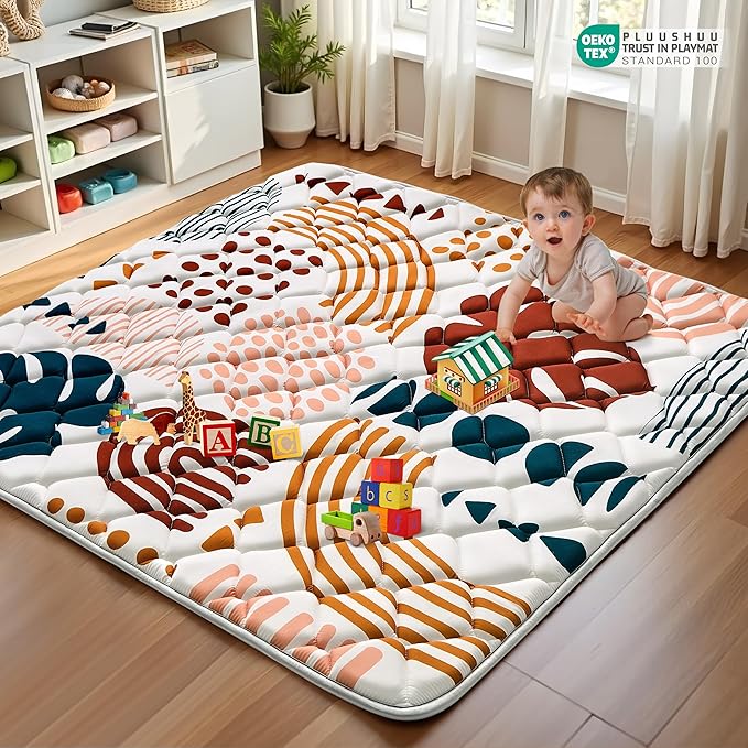 Baby Play Mats for Floor, Playpen Mat for Babies, Extra Thicker & Soft Floor Crawling Mat, Foldable Non-Slip Playmat Cushioned for Infants Toddlers (Brown, 59x59 Inch)