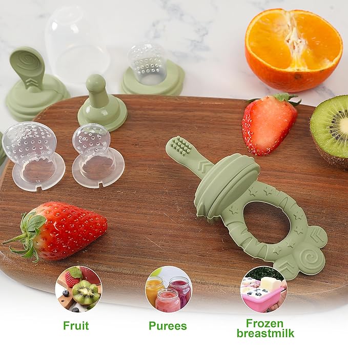 Baby Fruit Feeder Set – BPA-Free Silicone Fresh Food Feeder with 3 Replacement Teats, Teething Feeder for Fruits & Purees, Safe Self-Feeding for Babies 4+ Months