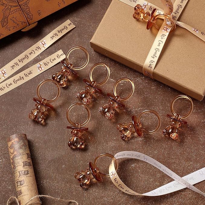 Beeveer 50 Pcs Green Leaf Baby Pacifiers Baby Shower Acrylic Pacifiers Necklace Boy Pacifier Bulk Nipples for Shower Game Ribbon Necklace for Party Favors Prize Decorations(Brown)