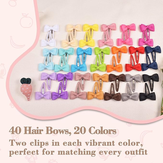 Hair Clips, 40-Pack Premium Quality Lightweight Hair Bows Snap Clips in 20 Colors, Baby Barrettes, Hair Pins, Hair Bows for Pigtails, Hair Accessories for Kids Children