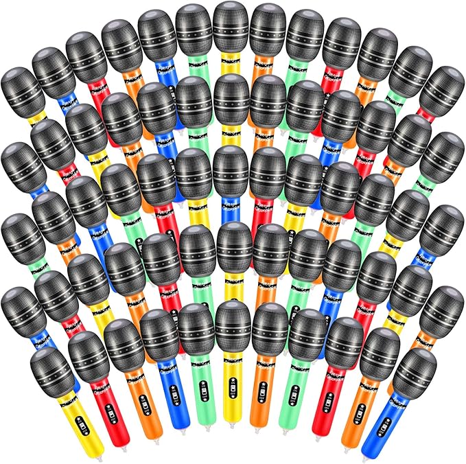 60 Pieces Inflatable Microphones Large Blow up Microphone Assorted Colors Inflatable Microphone Pretend Microphones Inflates Plastic Toy Props for Christmas Birthday Musical Concert Party Supplies