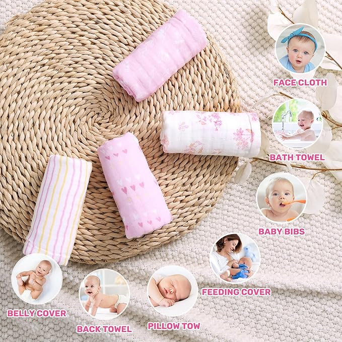 Viviland Baby Muslin Burp Cloths, Super Absorbent Washcloths for Baby Girl and Boy, 10 x 20 inches 6-Layer Baby Bath Towels, Pink Flowers & Hearts 4 Pack