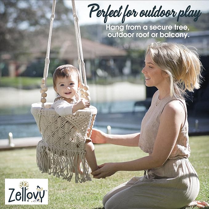 Organic Macrame Baby Swing Chair with Cushion & Portable Canvas Backpack | Boho Baby Swing Outdoor Indoor Infants & Toddler | Hanging Rope Baby Gift | Handmade Crochet Hammock Swing