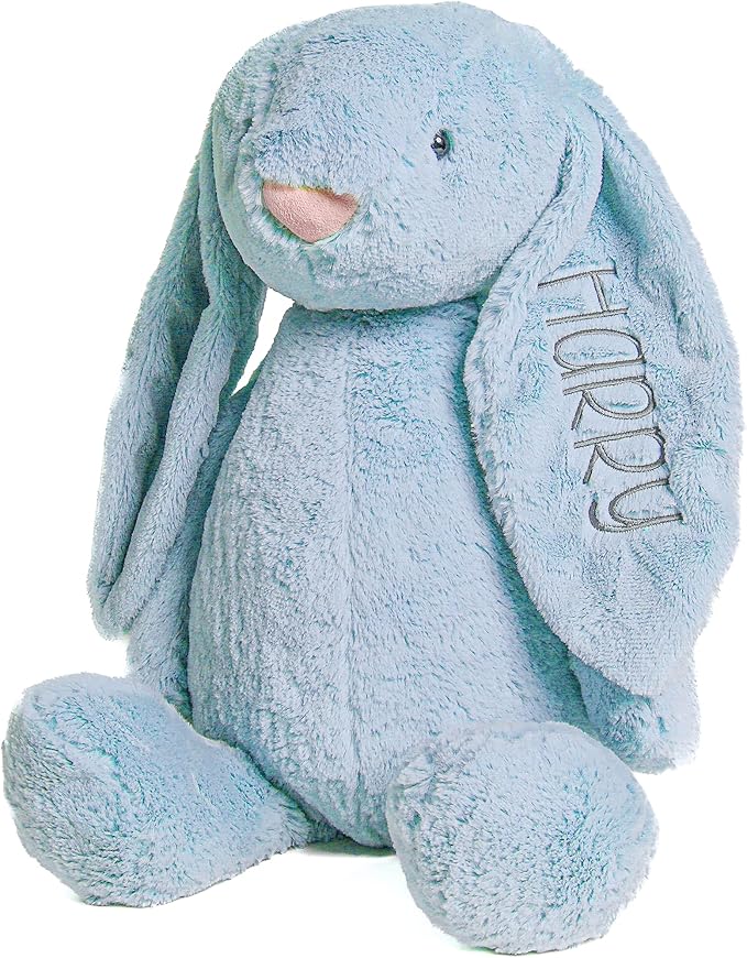 Personalized Super Soft Plush Bunny - Stuffed Animal Toy for Kids - Custom Gift with Embroidered Name on Ear for Easter, (Blue, Large)
