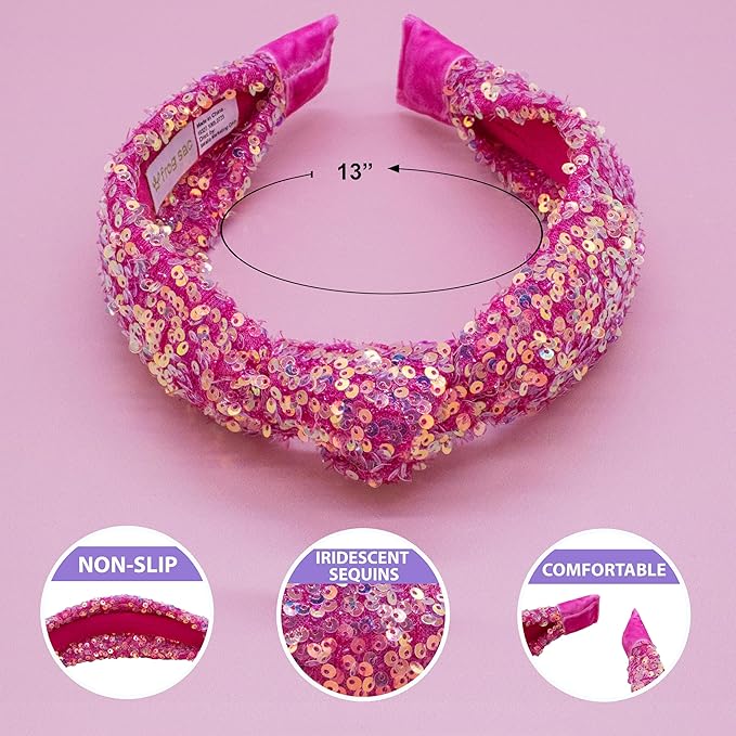 FROG SAC Sequin Knot Headband for Girls, Pink Knotted Hair Bands Accessories for Kids, Sparkly Iridescent Little Girl Headbands, Cute Fashion Hairbands for Tweens Stocking Stuffers for Children