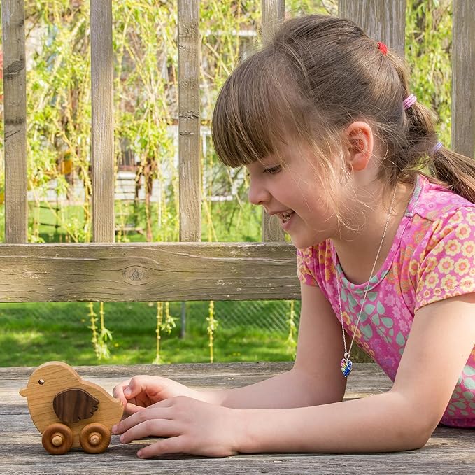 Wooden Chicken Toy Car – Easter Basket Gift for Toddlers & Kids, Handmade Wooden Push Toy, Natural Wood Farm Animal Toy