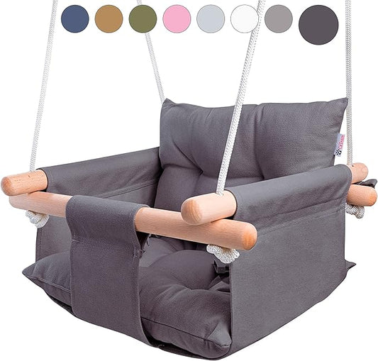 CaTeam - Canvas Baby Swing, Wooden Hanging Swing Seat Chair with Safety Belt, Durable Baby Swing Chair, Outdoor and Indoor Swing for Kids, Mounting Hardware Included, Dark Gray