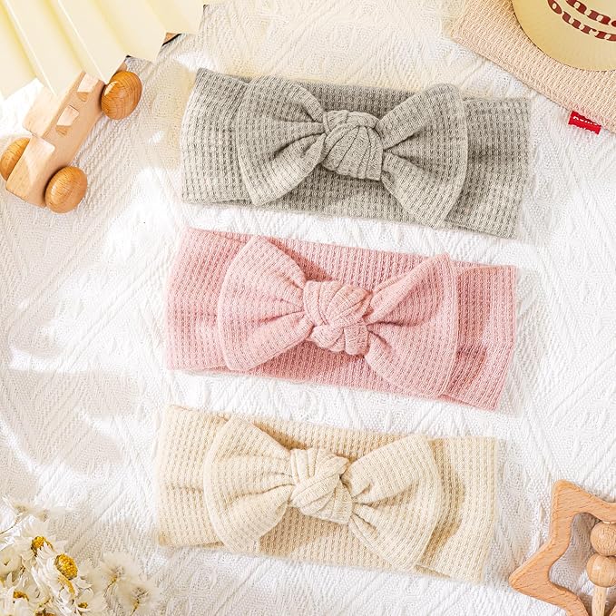 Hairband with Bows - Classic Headband Bow for Baby Girl Toddler Girls Hair Accessories, 3Pcs, Beige, Dark Khaki, Light Pink