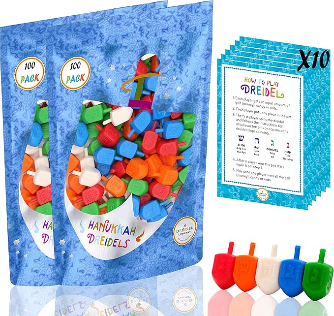 Hanukkah Dreidels 200-Pack Multicolor Plastic Chanuka Draydels with English Transliteration, Includes Dreidel Game Instruction Cards (200-Pack)