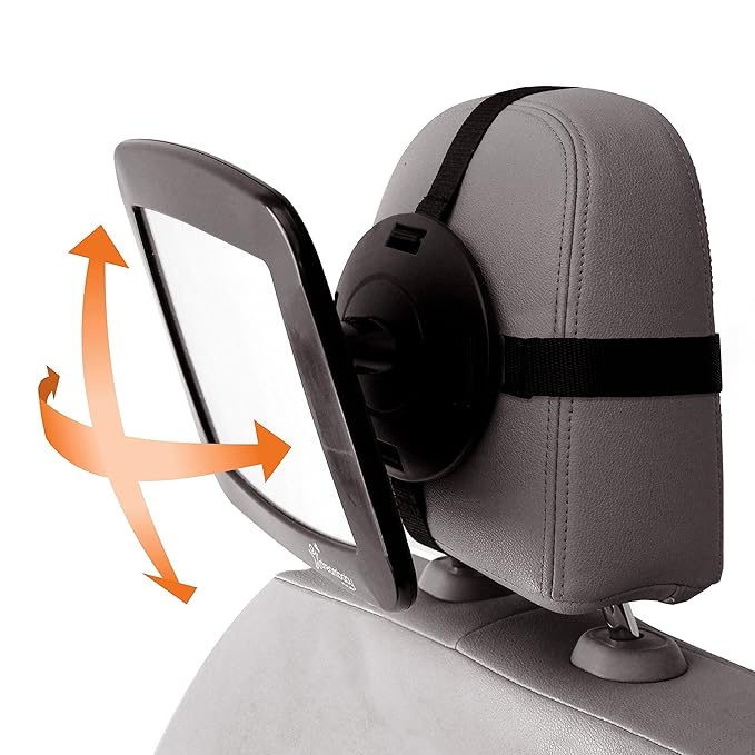 Dreambaby 360° Adjustable Baby Car Mirror - Extra Wide Convex View - Shatter-Resistant Acrylic Double Strap Headrest Mount - Rear Facing Infant Backseat Mirror for Car