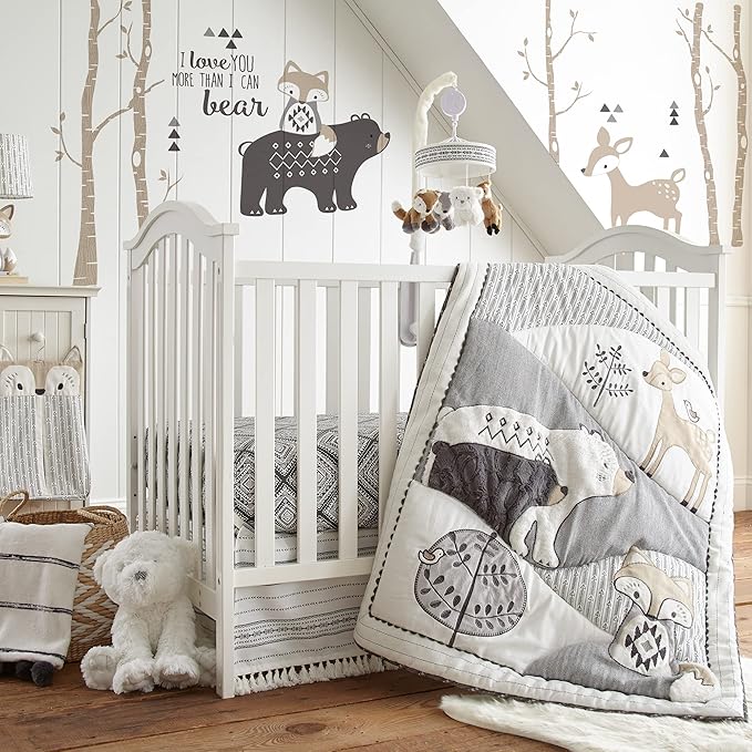 Levtex Baby - Bailey Diaper Changing Pad Cover - Fits Most Standard Changing Pads - Tossed Fox, Bear and Deer - Charcoal, Taupe, White - Nursery Accessories - Plush