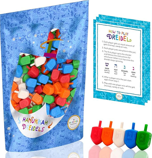 Hanukkah Dreidels Multicolor Plastic Chanuka Draydels with English Transliteration, Includes Dreidel Game Instruction Cards (500-Pack)