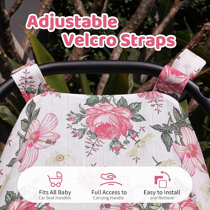 Metplus Car Seat Cover Baby Girl, 100% Muslin Cotton Infant Carseat Covers, Lightweight Breathable Car Seat Canopy, Summer Stroller Sun Shade, Newborn Travel Essentials (Pink Floral)