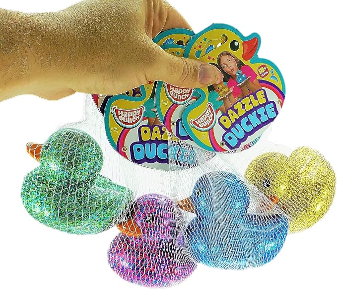 Glitter Rubber Ducks Metallic Colors 3" (1 Unit Assorted) Rubber Duckies Fidget Toy for Kids, Sensory Play, Stress Relief, Stocking Stuffers, Supplies Pinata Filler in Bulk. Plus Sticker. 4343-1