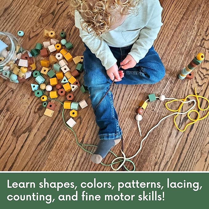 Wooden Lacing Beads & Strings 125 Pieces, Fine Motor Skills Toys for 3 Year Old, Boho Colors