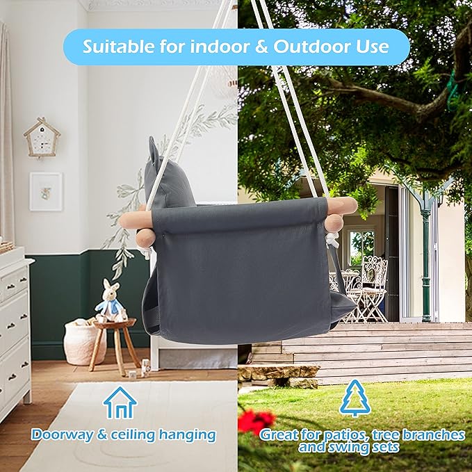Secure Baby Swing Seat with Safety Belt - Baby Canvas and Wooden Swing Chair with Ear Décor Cushion - Hanging Indoor Swing for Infants & Baby Swing Outdoor - Tree Toddler Swing for Backyard Outside