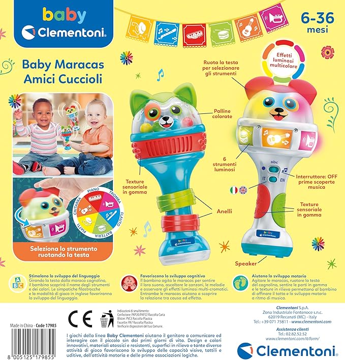 Clementoni Baby Maracas Puppy Friends - 2 Maracas for 6 Months, Early Childhood Musical Game, Percussion to Shake Like a Rattle, Interactive Electronic Musical Instrument, 17985