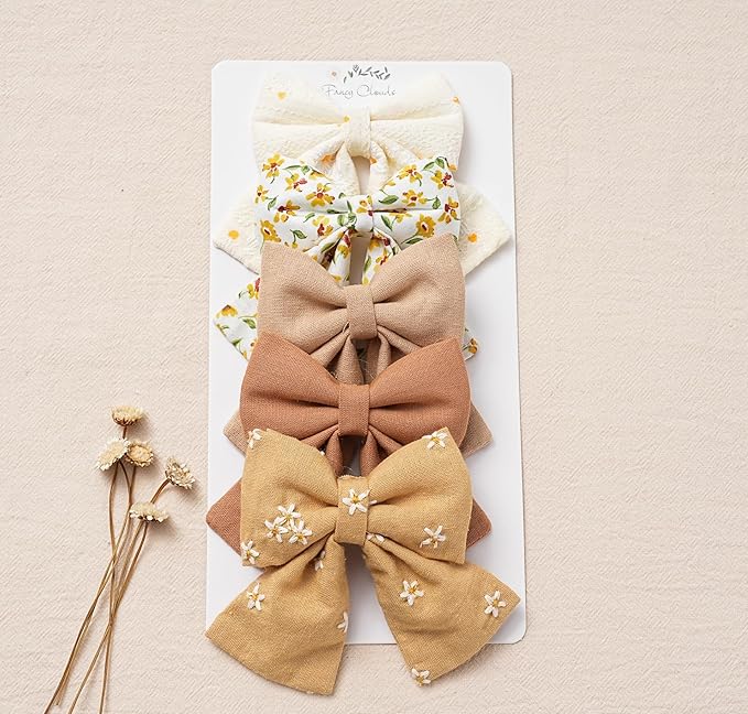 Hair Bows with Hair Clips for Girls Toddler Baby,Handmade 5" Flower Print Embroider Big Bows,FANCY CLOUDS Boutique Hair Accessorioes Gifts for School Kids