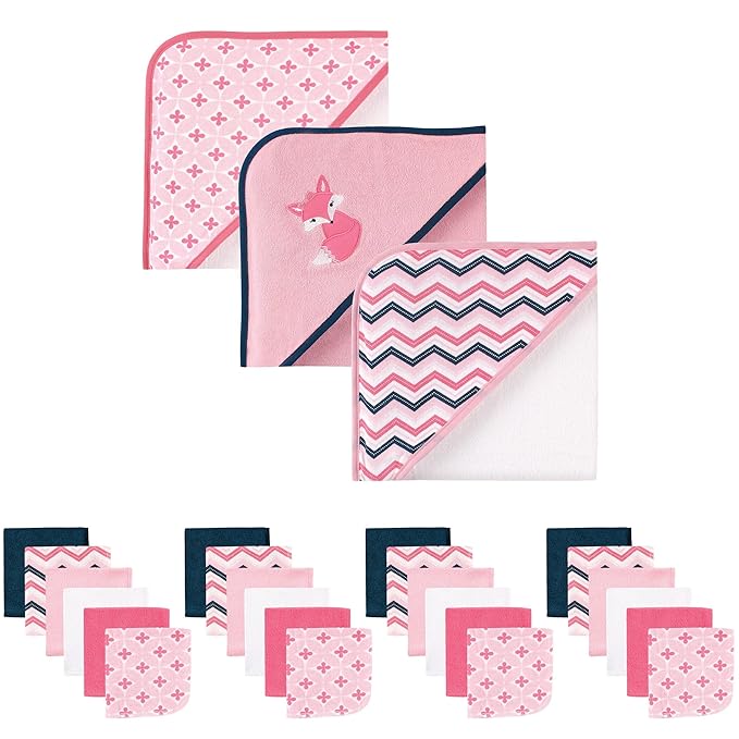 Luvable Friends Baby Hooded Towel and Washcloth Set, 27 Piece, Pink Fox