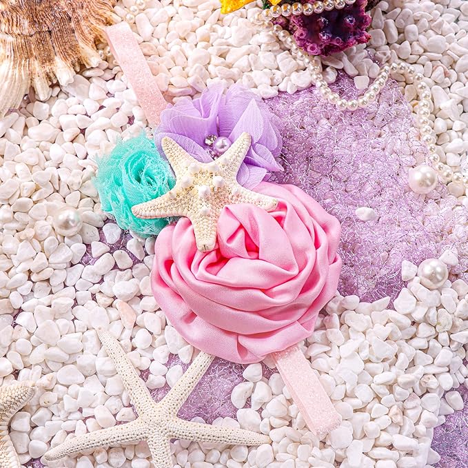 YanJie Mermaid Hairband - Aqua Lavender, Handmade Flower Headband with Starfish for Baby Girls, Newborn Hairbands for Daily Wear, Special Occasions, Photo Props, Birthday Party Gift