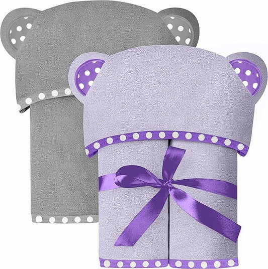 Set of 2 Hooded Baby Towels – Purple and Grey – Luxurious, Large and Super Absorbent – 30 x 30 Inch – Soft and Suitable for Infants, Toddlers and Kids – 400 GSM