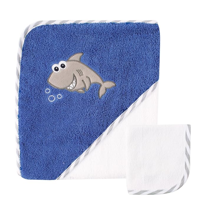 Luvable Friends Unisex Baby Cotton Hooded Towel and Washcloth, Shark, One Size