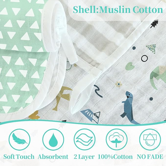 VOOVA & MOVAS 6 Pack 100% Muslin Cotton Baby Washcloths with Handing Loop | 13x13 Inches | Highly Absorbent | Ultra-Soft Newborn Burp Cloths | Perfect Set |Triangle & Dino Patten