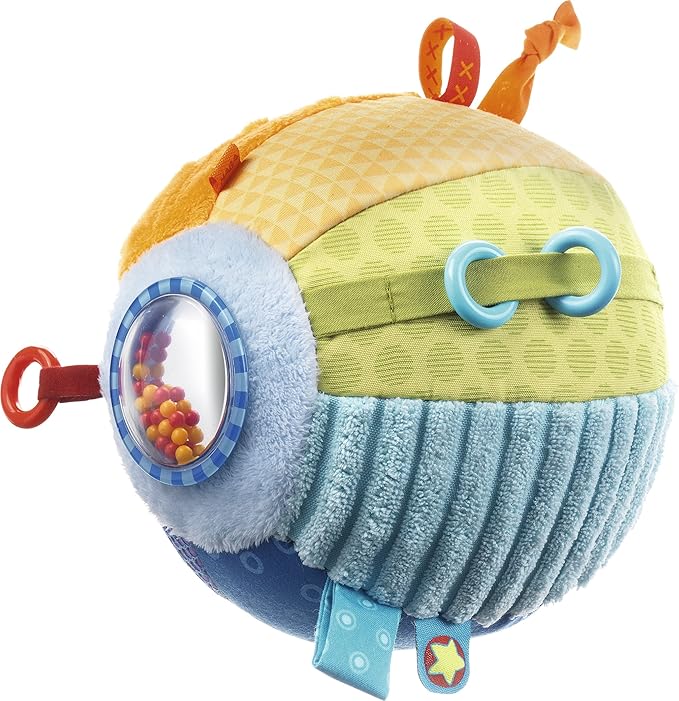 HABA Discovery Ball All Colors - Soft Colorful Tactile Patterns with Rings, Tags, Rattle & Mirror