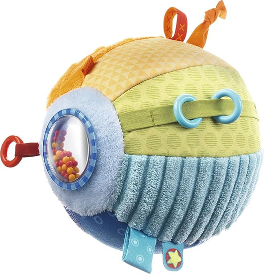 HABA Discovery Ball All Colors - Soft Colorful Tactile Patterns with Rings, Tags, Rattle & Mirror