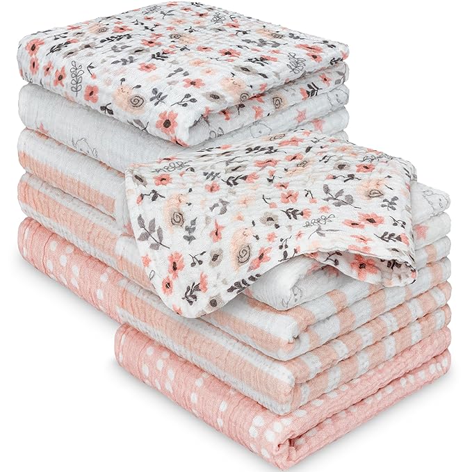 10-Pack Muslin Baby Washcloths for Newborn – 12x12" Soft Absorbent Organic Cotton Muslin Wash Cloths for Babies Girl, Boy, Infant, Toddlers,Kids Face Towel,Bath Essentials,Baby Burp Rags (Sweet Charm)