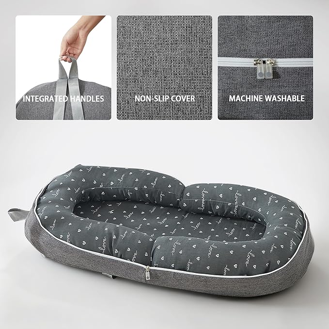 Baby Lounger for Newborn, 0-12 Months, Portable Infant Lounger Pillow with Adjustable Support, Soft Breathable Cover, Folds Into Backpack for Travel, Ideal for Home & Outdoor Use - Gray
