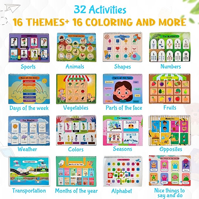 Busy Book for Toddlers 3 and Up – Preschool Learning Activities Bilingual Book in Spanish and English with 32 Activities – Educational Toddler Activity Book with 8 Color Markers