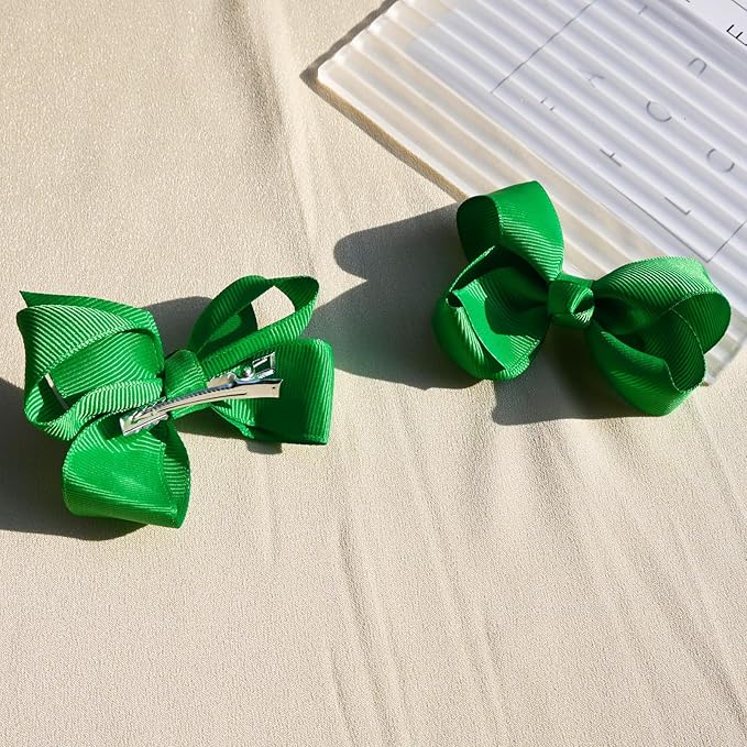 2 PCS 3inchs Hair Bows for Girls Grosgrain Ribbon Hair Bow Alligator Clips Hair Accessories for Baby Girls Toddlers(Green)