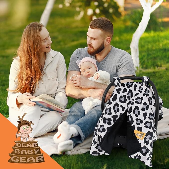 Dear Baby Gear Car Seat Cover for Boys & Girls - Baby Carseat Canopy w/Snap Opening - Infant Seat Cover - Stroller & Nursing Covers - Newborn Carrier Canopy- 40x30" (Gray Leopard Print, Smooth Black)