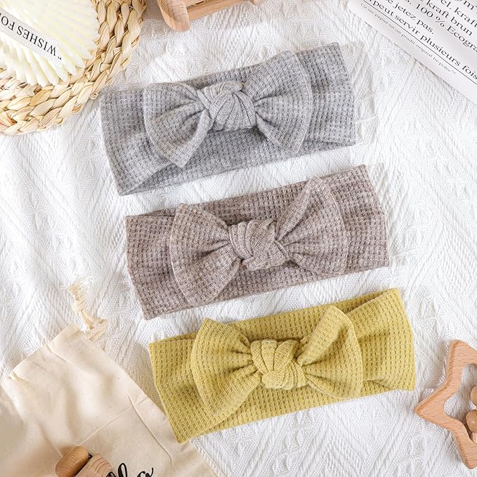 Baby Girls Waffle Headbands with Bows Elastics Handmade Hair Accessories Newborn Infant Toddler Hairbands and Bows Headwrap Kids 3 Packs Yellow Dark Khaki Gray