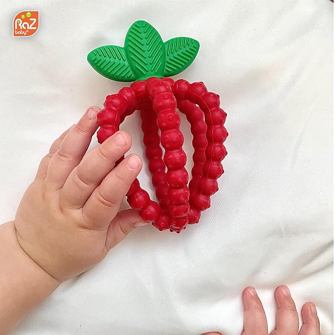 RaZbaby Silicone Infant and Baby Teething Toy Bundle - 3m+ - Soothe Sore Gums Back & Front with Natural Fruit Shape Designs
