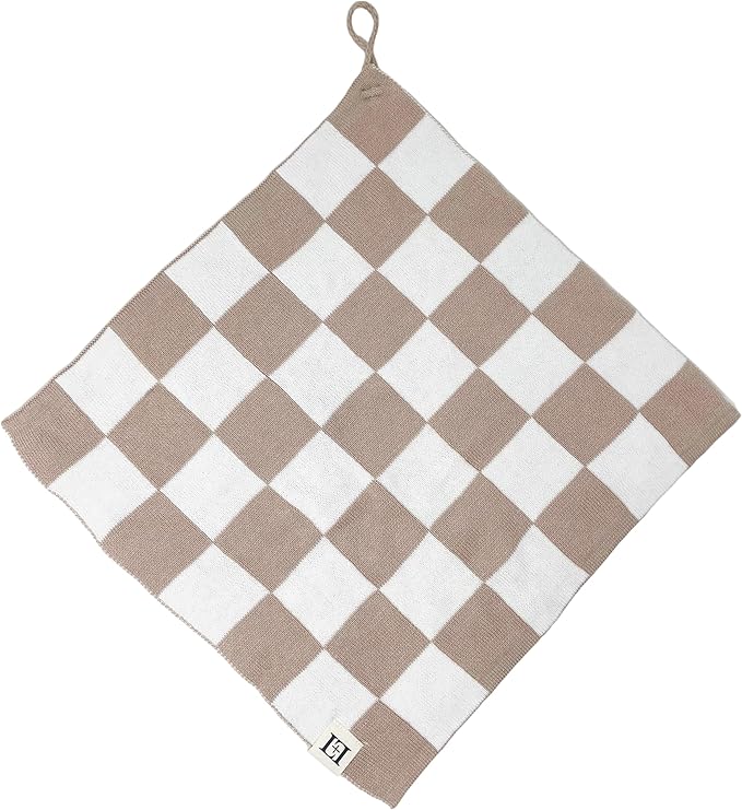 L+L USA Checkered Baby Lovey 100% Organic Cotton Knit Pacifier/Teether Holder 11"x11" - DreamSoft Cuddly Soothie Mini Comfort Blanket - Newborn Gift Essential Babies Boys Girls (Tan/White)