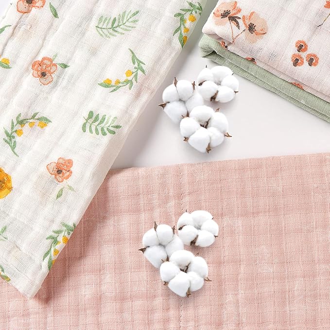 Baby Muslin Burp Cloths, 100% Cotton Burping Cloths Super Absorbent Soft, Bath Towel Burp Cloths for Baby Girl Boy, Great Gift for Newborn, 10 x 20 inch, 4 Pack, Leaves & Flowers