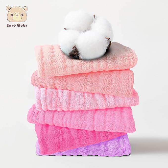 Ease Cubs 12 Pack Muslin Washcloths for Baby - 100% Cotton Baby Wash Cloths for or Baby Face Body Comfy and Soft for Newborn Infants Kids Girls and Boys - 12"x12" - Pink, Purple and Sakura Series
