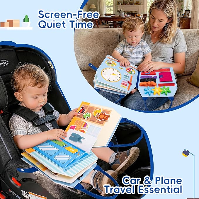 Busy Book for Toddlers - Montessori Sensory Toys for Boys & Girls Preschool Learning, 8-Page Felt Quiet Activity Board for Fine Motor Skills, Travel Toys for Airplane Car Games (House Theme)