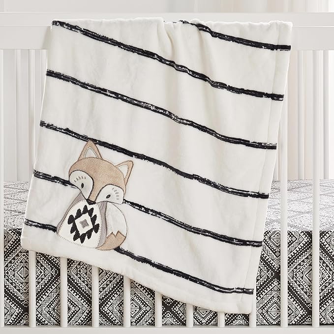 Levtex Baby - Bailey Plush Blanket - Appliqued and Embroidered Fox on Striped Plush - Charcoal, Taupe, White - Nursery Accessories - Blanket Size: 30 x 40 in.