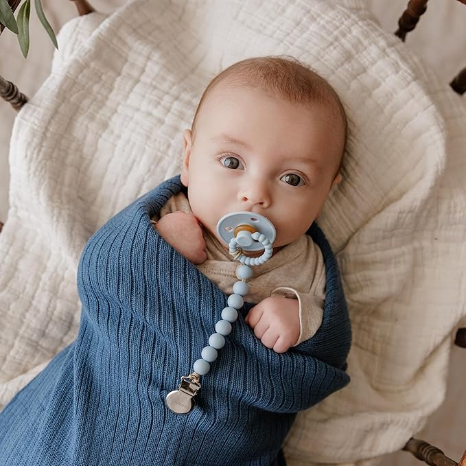 Luladream Pacifier and Clip Set - Natural Rubber Nipple - Soft Teething Handle - for Infants Baby's and Toddlers, 0-18 Months (Sky Blue + Ash Blue + Clips)