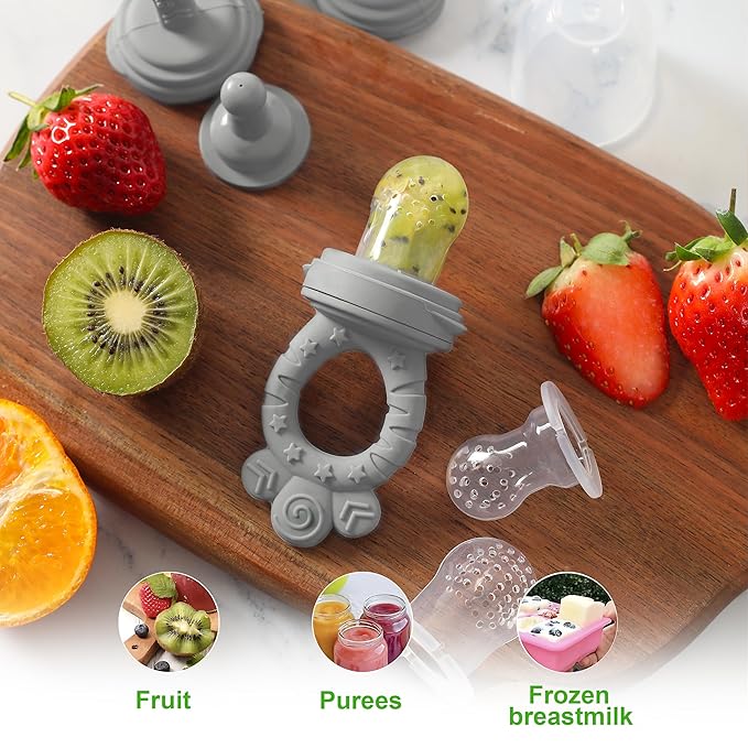 Baby Fruit Feeder Set – BPA-Free Silicone Fresh Food Feeder with 3 Replacement Teats, Teething Feeder for Fruits & Purees, Safe Self-Feeding for Babies 4+ Months